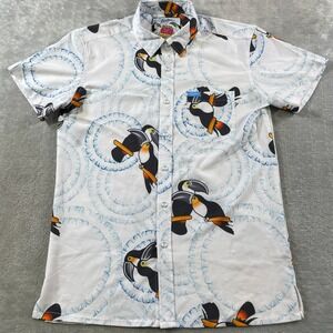 Retro Rifle Shirt Mens Large White Rule #2 Toucan Bird Stretch Button Casual